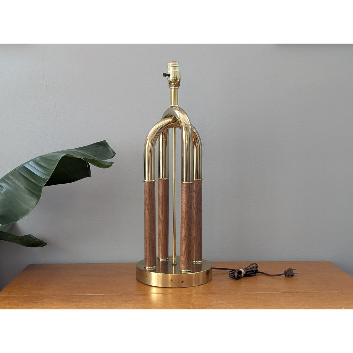 Vintage Mid-Century Modern Brass and Oak Lamp By Clover
