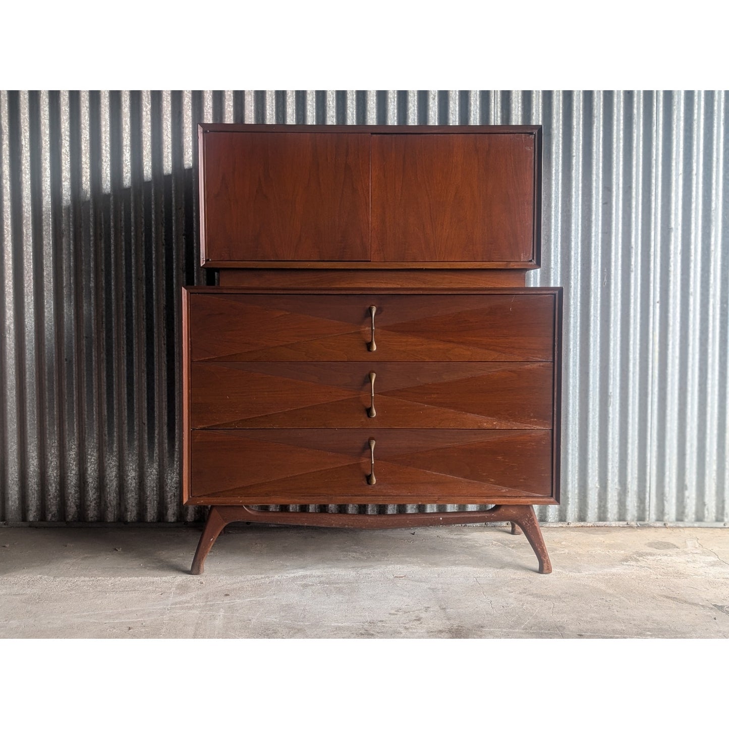 Vintage Mid-Century Modern Diamond Front Highboy Dresser