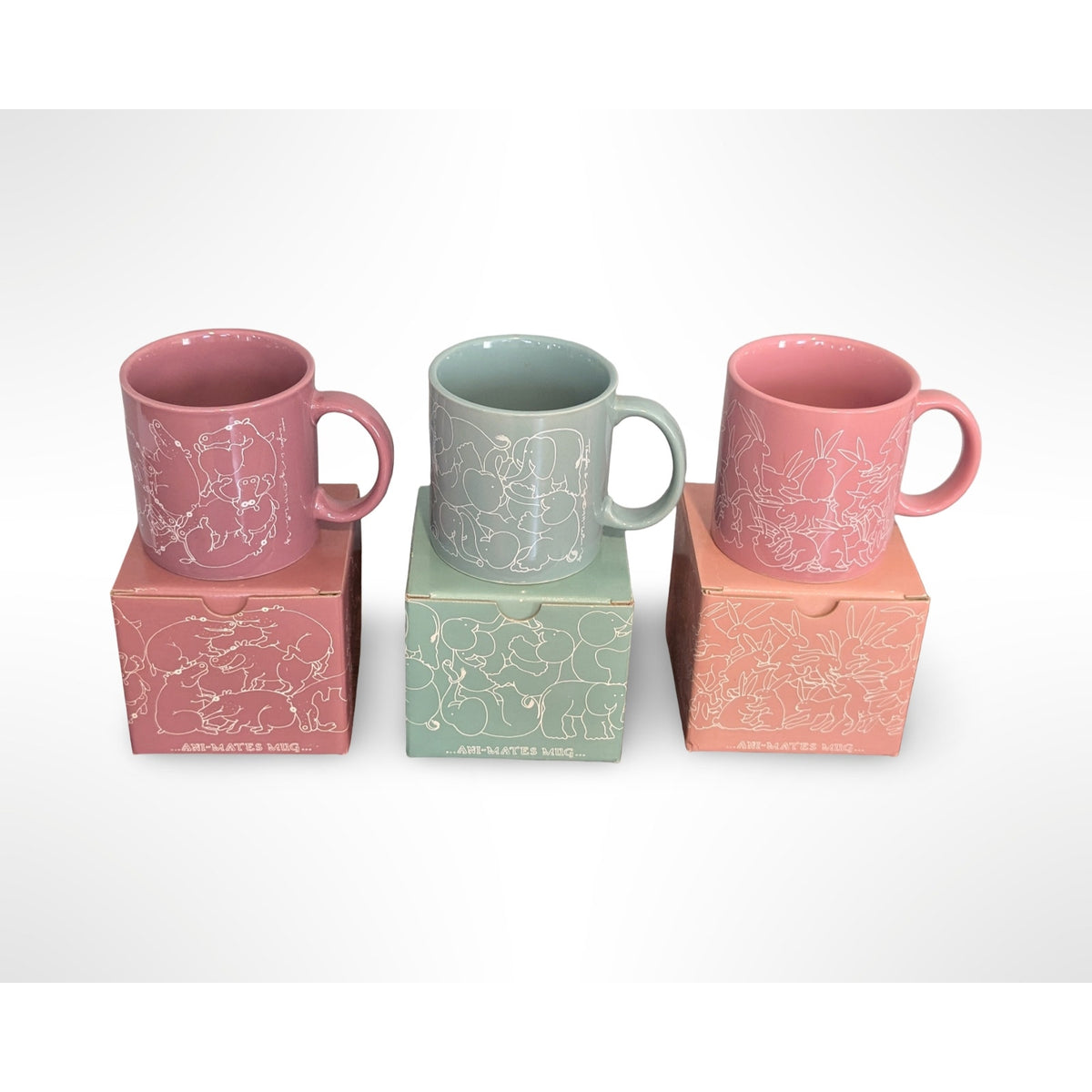 Set of 3 Taylor & Ng Ani-Mates Mugs 1982 Elephants Hippos Rabbits NOS