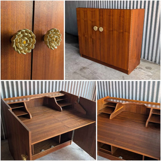 Mid Century Danish Modern Compact Cabinet With Convertible Flip Flap Desk. Teak