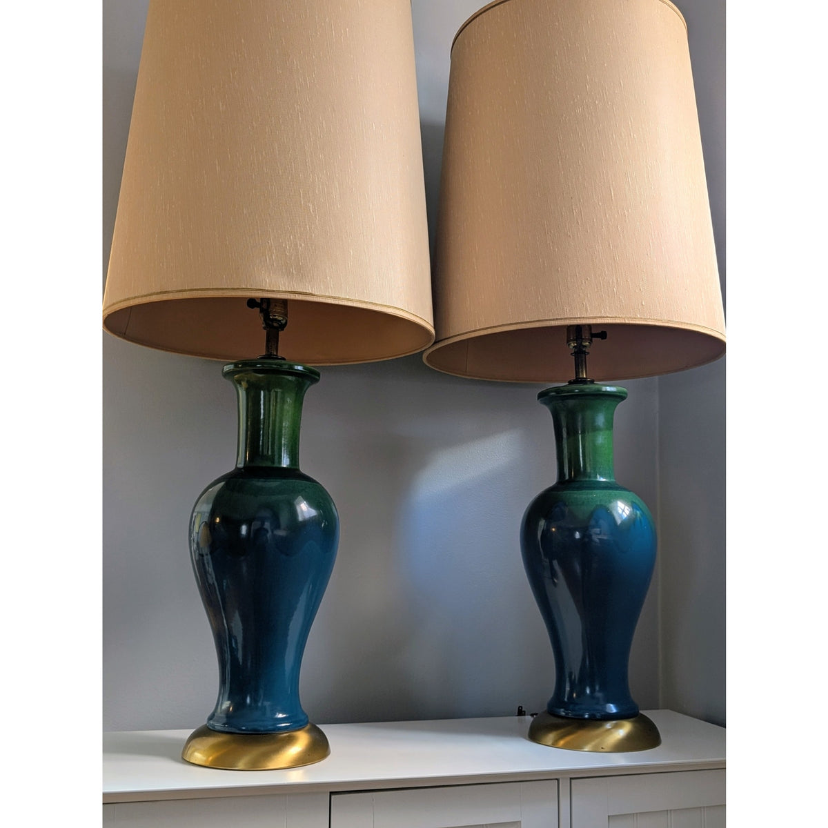 Pair of MCM Blue & Green Drip Glaze Ceramic Lamps 38" Mid Century Modern