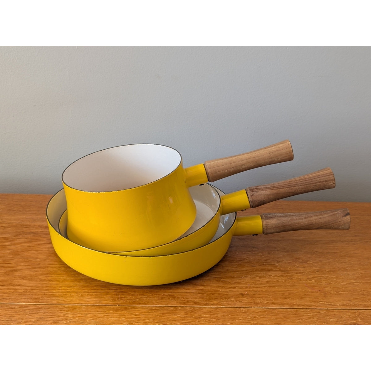 Vintage Set of 3 Dansk Yellow Pans with Teak Handles – Made in France — additional view 2