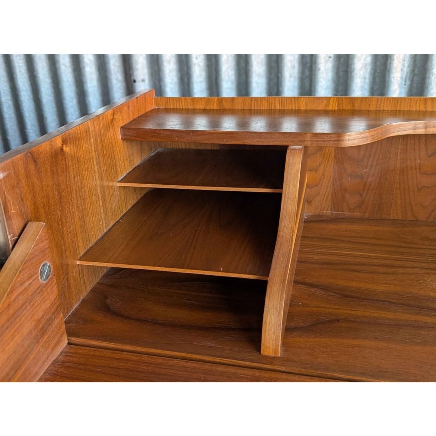 Mid Century Danish Modern Compact Cabinet With Convertible Flip Flap Desk. Teak