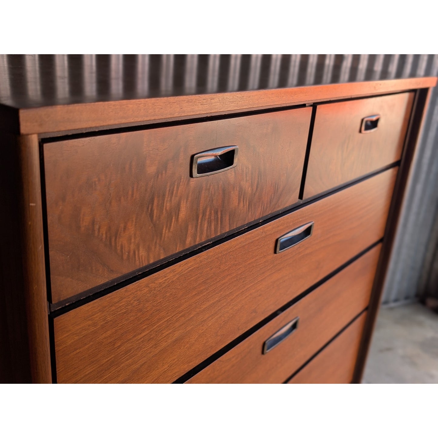 Vintage Lane Mid-Century Modern Tall Dresser with Burlwood Drawer, Restored Top