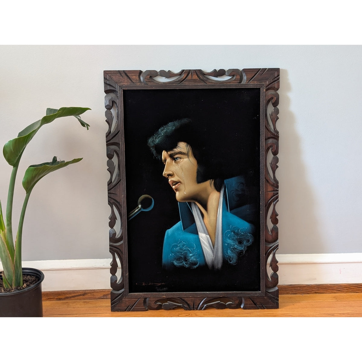 Large Vintage Crying Elvis Black Velvet Painting with Wood Frame