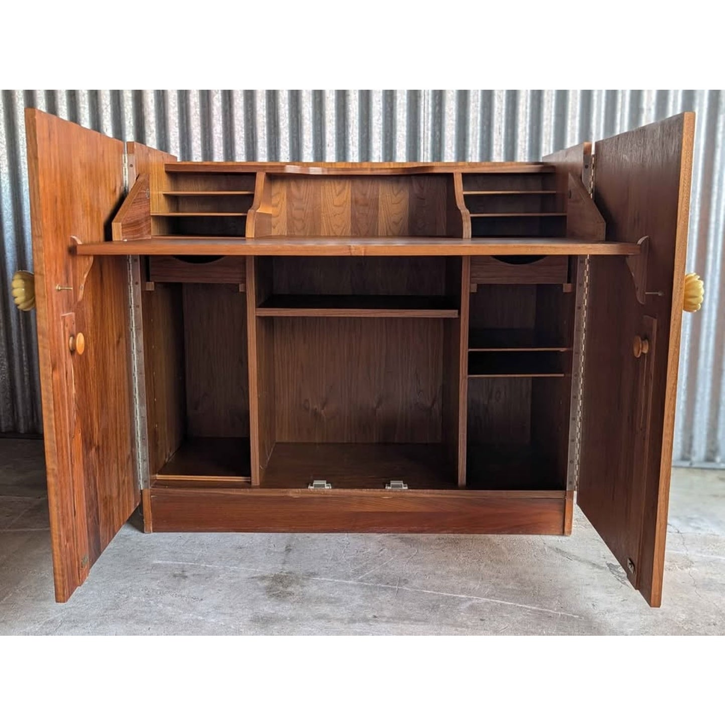 Mid Century Danish Modern Compact Cabinet With Convertible Flip Flap Desk. Teak