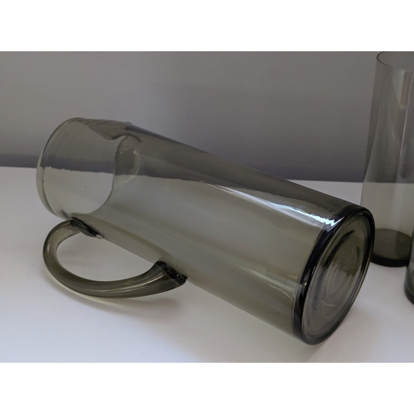 Vintage Mid-Century Modern Smoked Glass Lemonade Set with Pitcher & 6 Highball Glasses