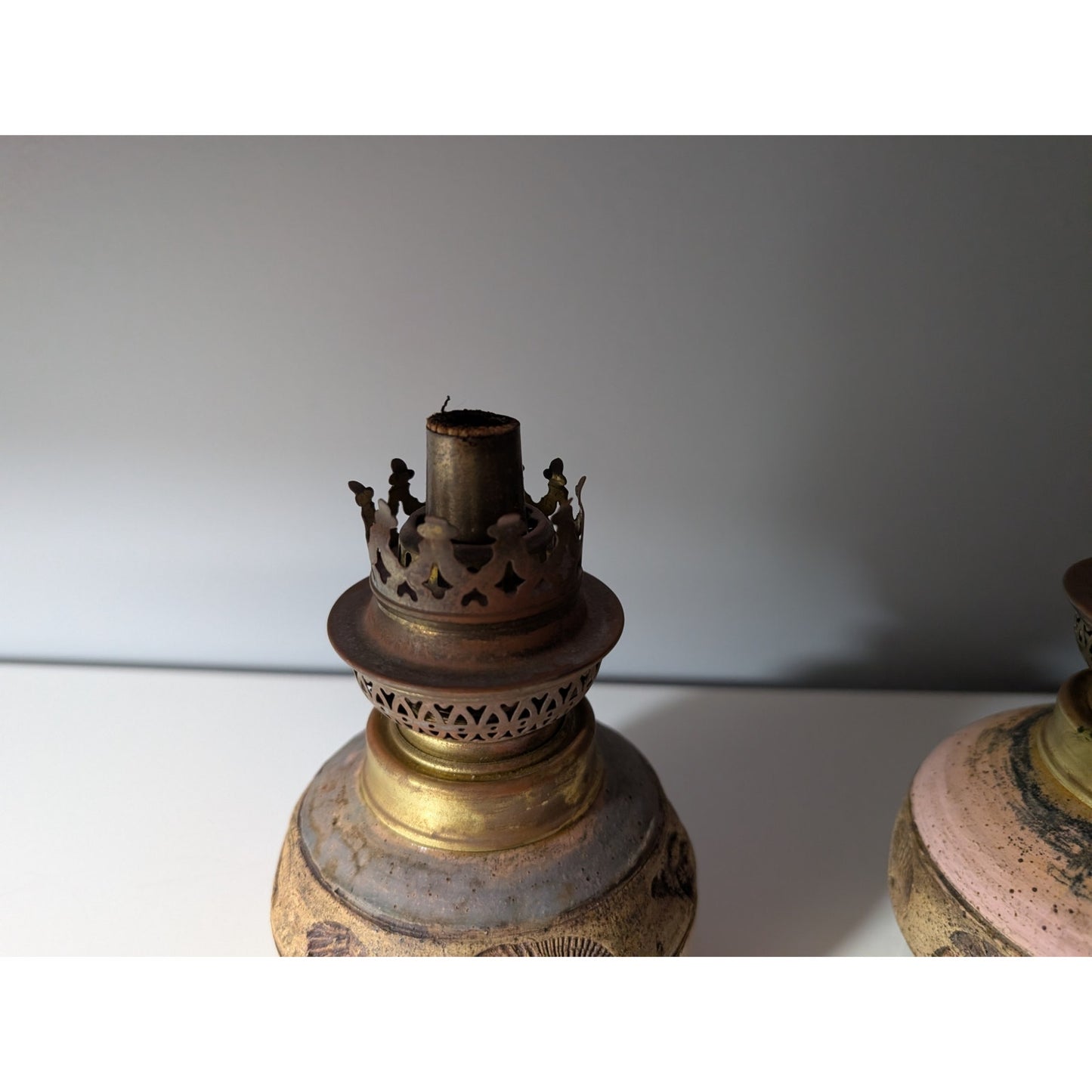 Pair of Vintage Studio Pottery Oil Lamps - Boho Seashell Motif