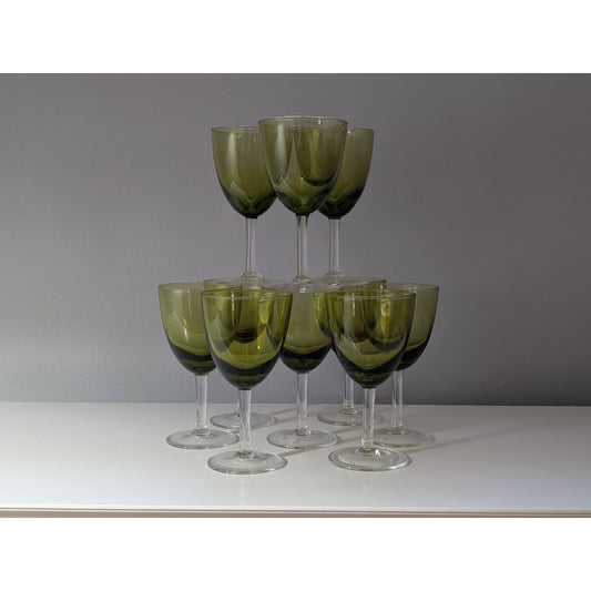 Set of 10 Vintage Mid-Century Modern Green Stemmed Glasses