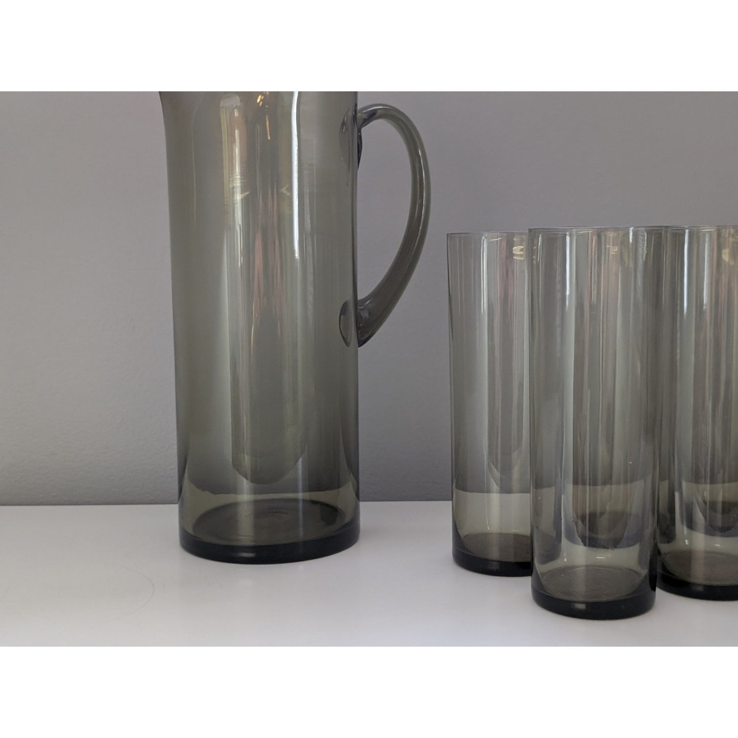 Vintage Mid-Century Modern Smoked Glass Lemonade Set with Pitcher & 6 Highball Glasses
