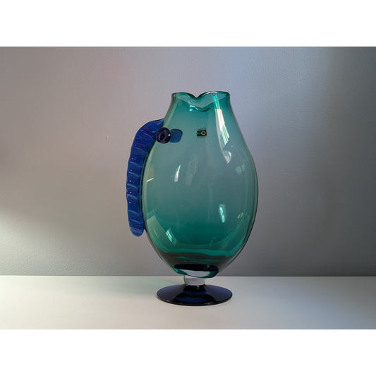 Vintage Blenko Glass Fish Vase #9223 by Hank Adams, Green & Cobalt, 1988–1994