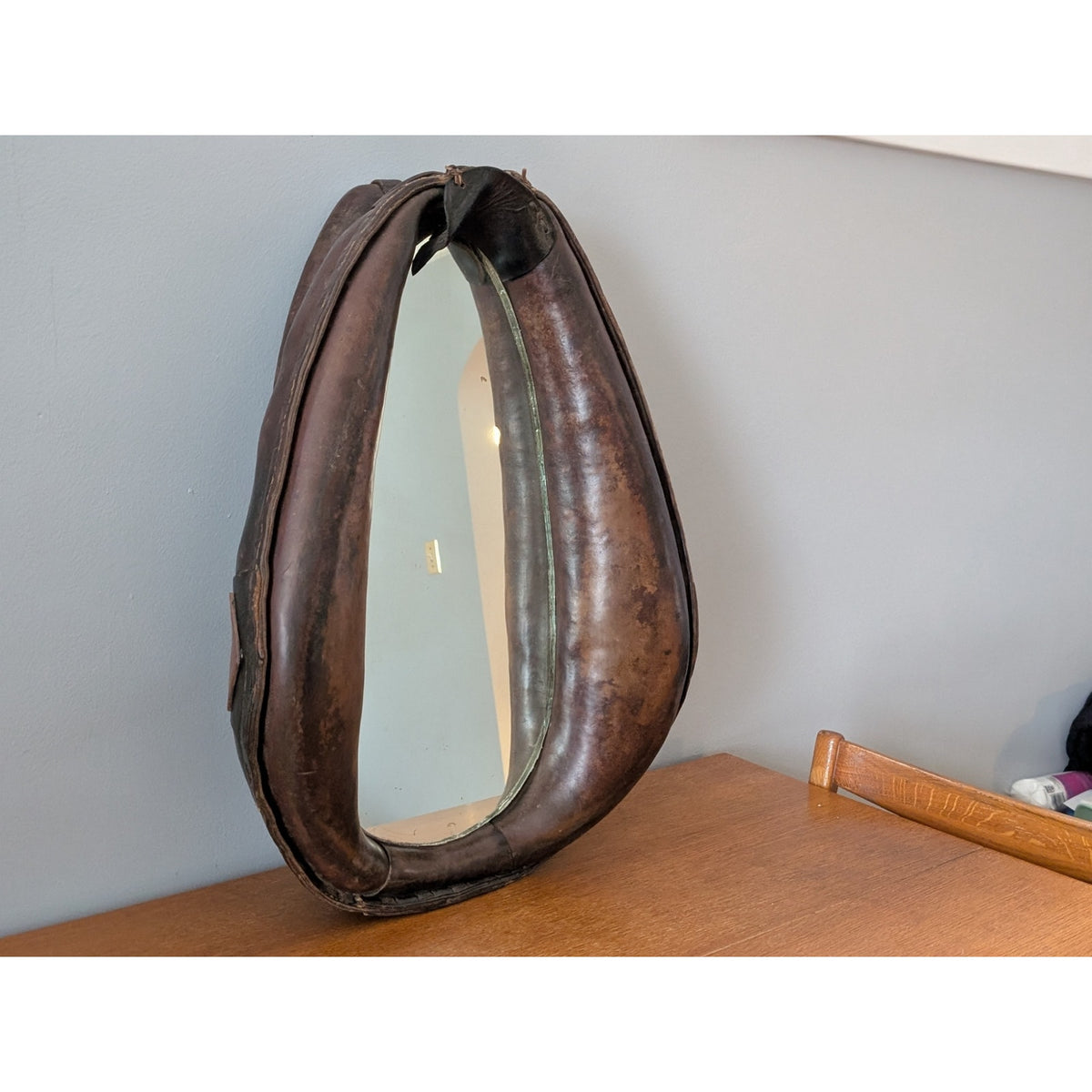 Vintage Rustic Horse Collar Mirror – Real Leather with Antique Patina — additional view 3