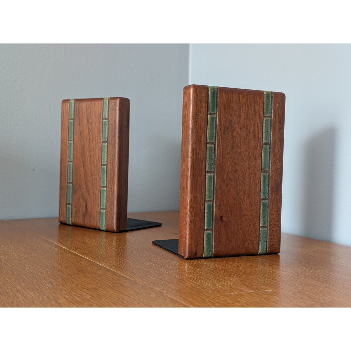 Vintage Martz for Marshall Studios Walnut Bookends with Inlaid Tile, labeled, 1960s — additional view 2