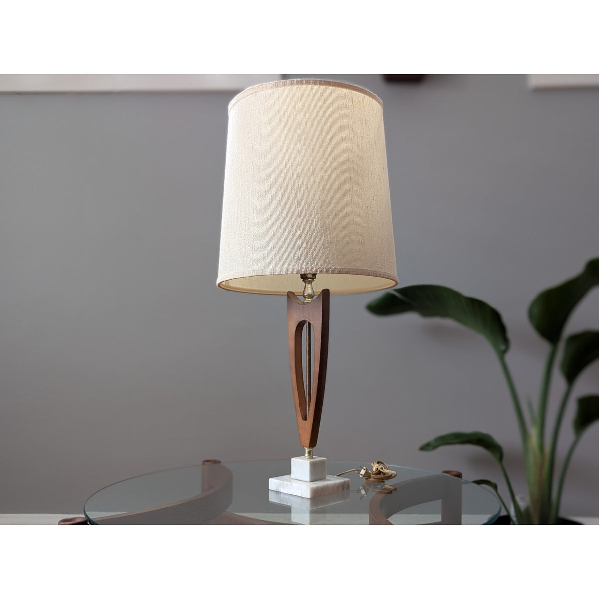 Vintage Mid-Century Modern Wood Lamp with White Stone Base and Shade – 29.75” Tall — additional view 4