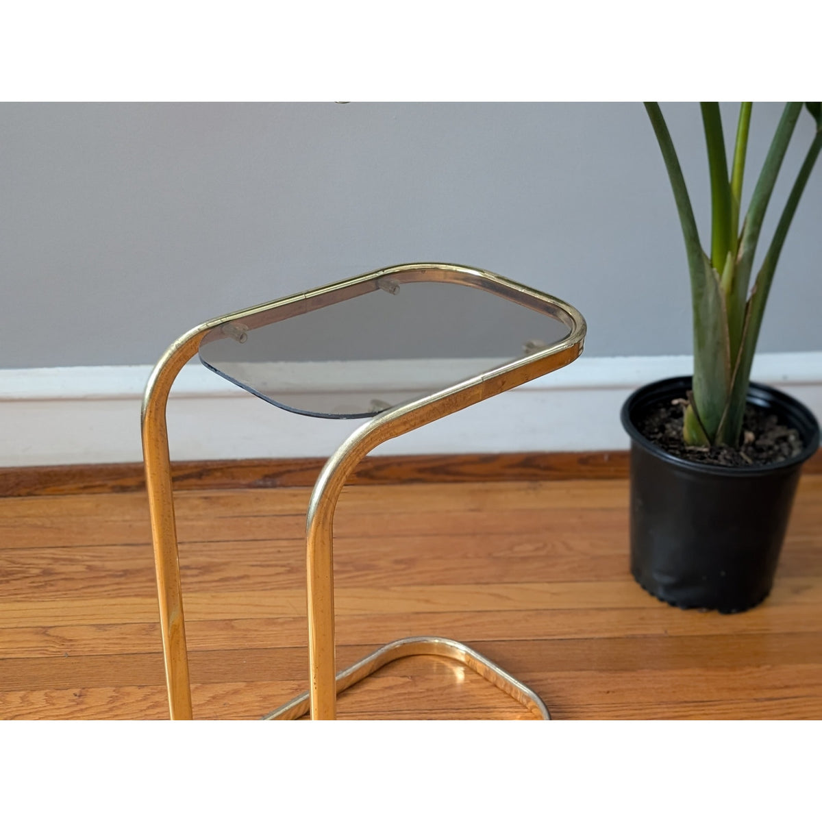 Vintage Mid-Century Modern Brass and Smoked Glass Cantilever Side Table — additional view 2