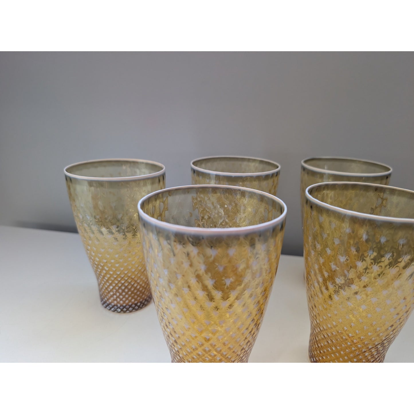 Set of 5 Fostoria Opalescent Gold Needlepoint Glass Tumblers