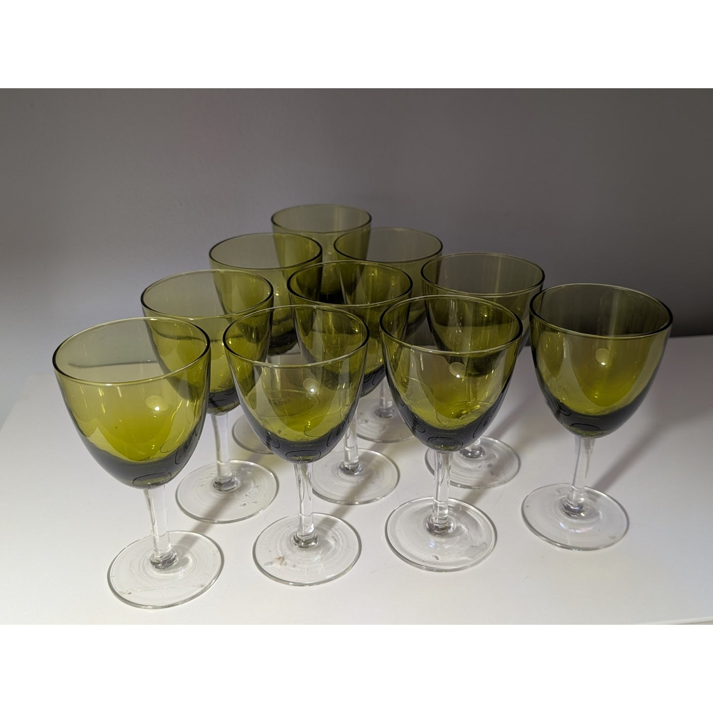Set of 10 Vintage Mid-Century Modern Green Stemmed Glasses