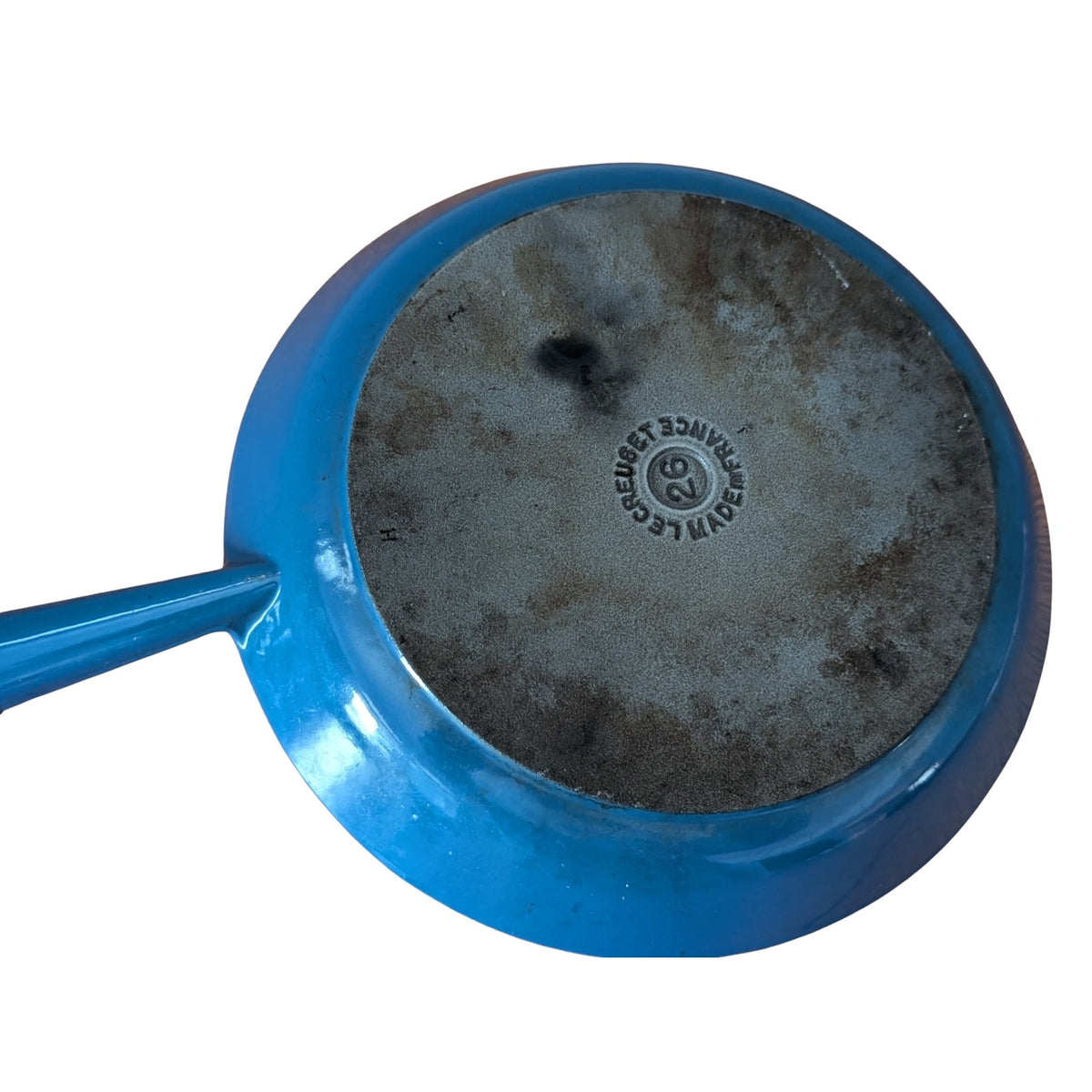 Vintage Mid-Century Modern Le Creuset #26 Blue Enamel Frying Pan Skillet with Wood Handle — additional view 6