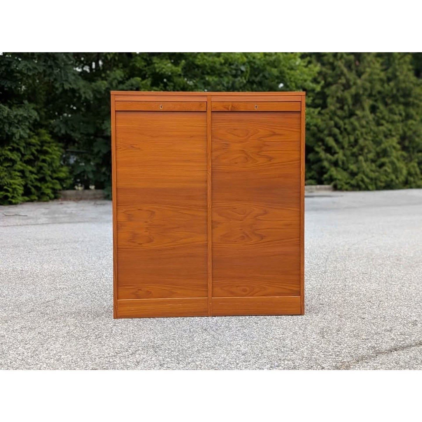 Danish modern teak cabinet with tambour doors and original key