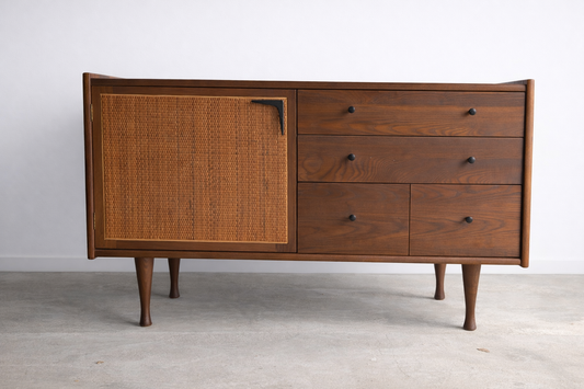 Heywood Wakefield Mid Century Modern Solid Oak Credenza with Cane Door