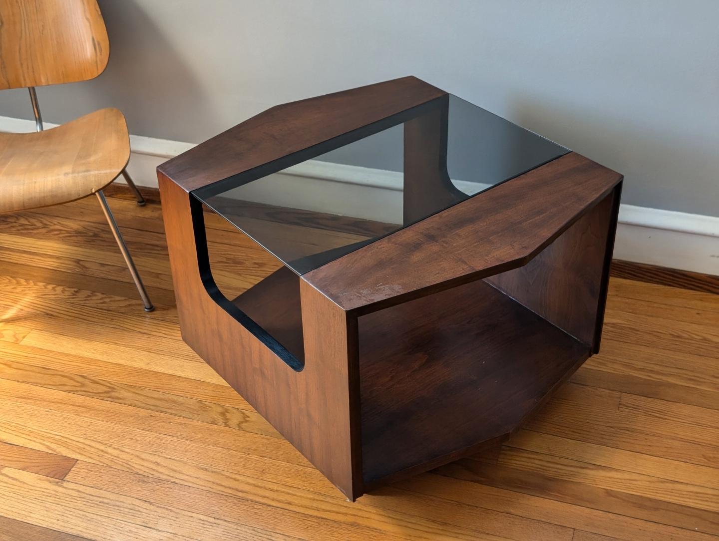 Mid-Century Modern Lane Side Table - Dark Walnut, Smoked Glass & Black Accents