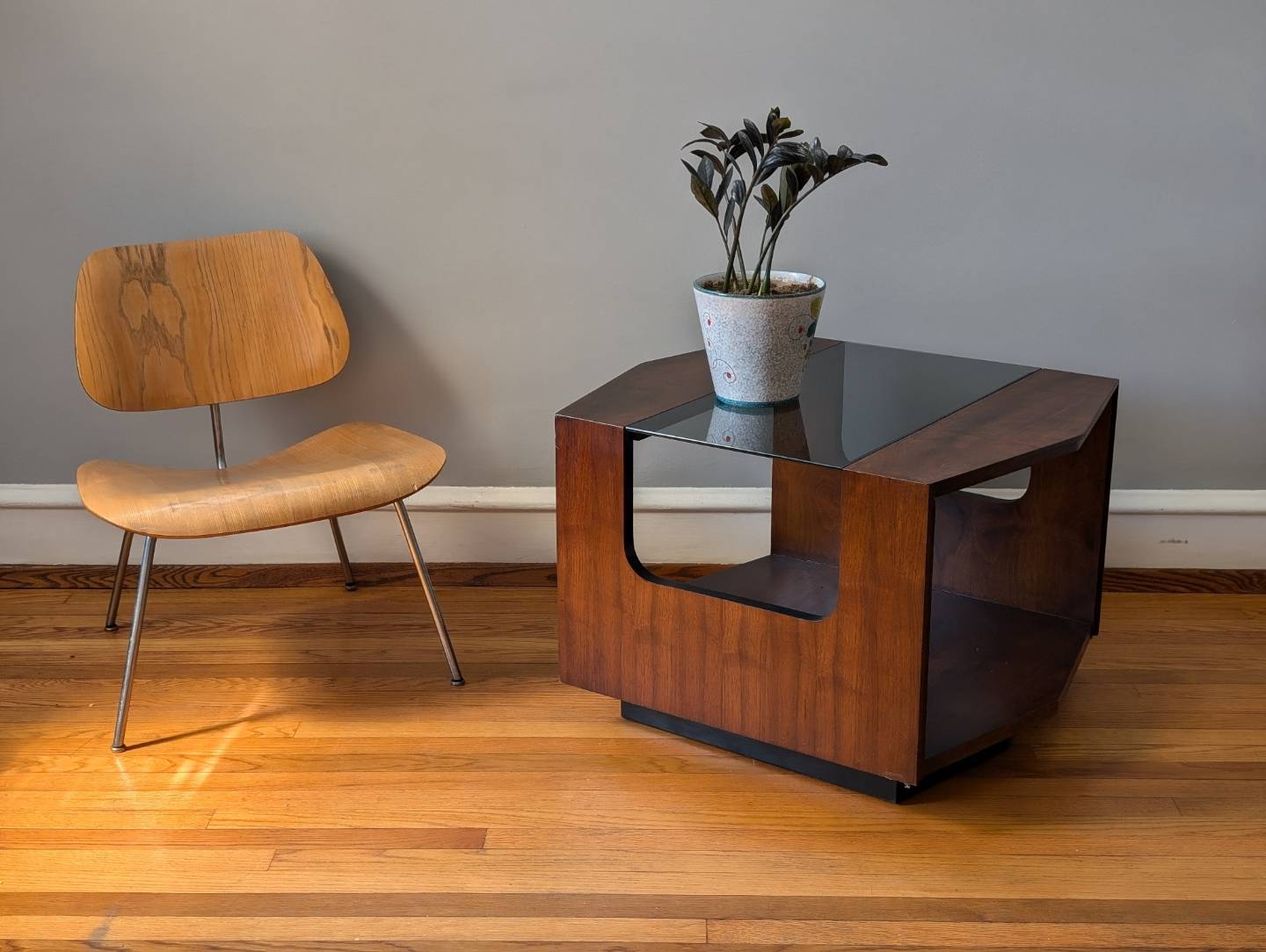 Mid-Century Modern Lane Side Table - Dark Walnut, Smoked Glass & Black Accents