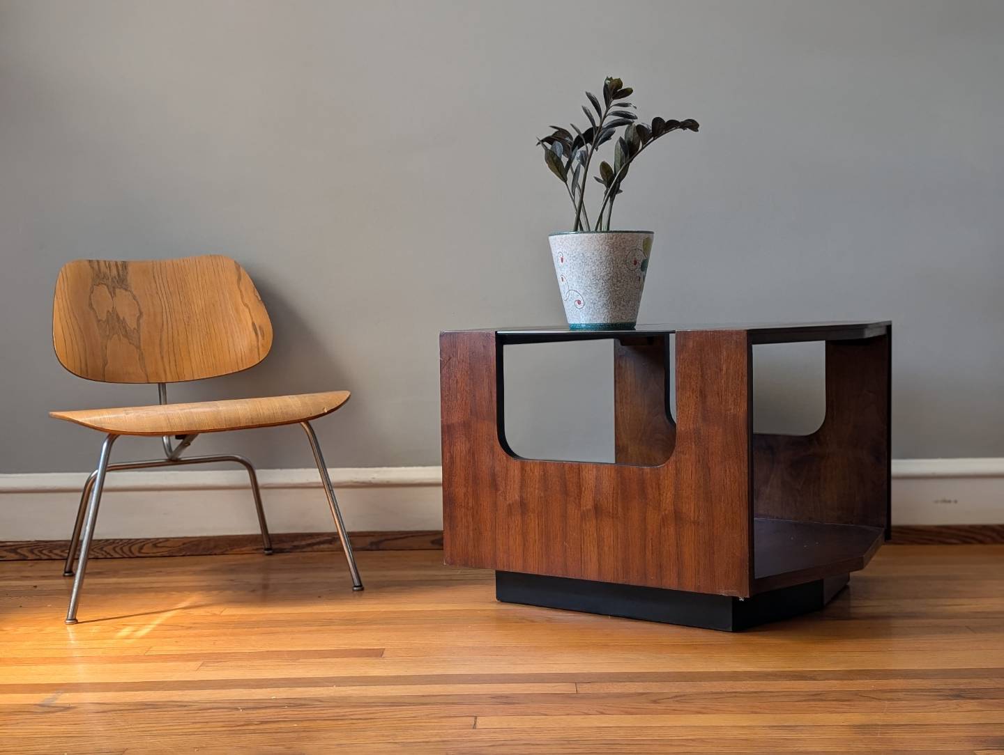 Mid-Century Modern Lane Side Table - Dark Walnut, Smoked Glass & Black Accents