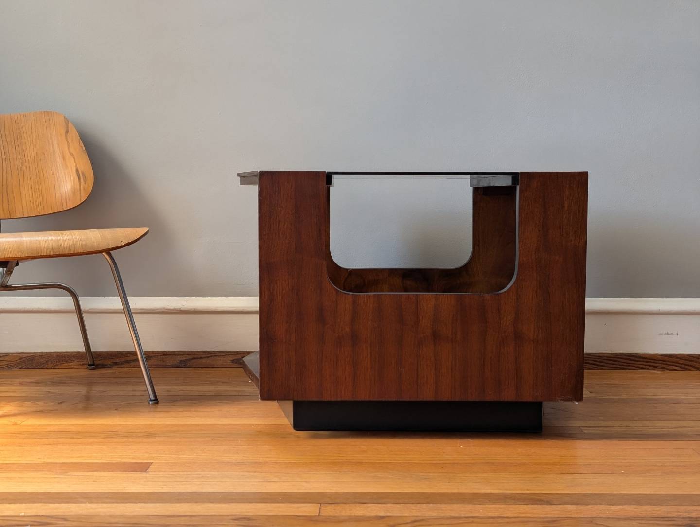 Mid-Century Modern Lane Side Table - Dark Walnut, Smoked Glass & Black Accents