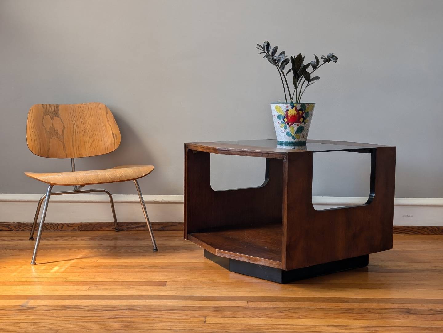 Mid-Century Modern Lane Side Table - Dark Walnut, Smoked Glass & Black Accents