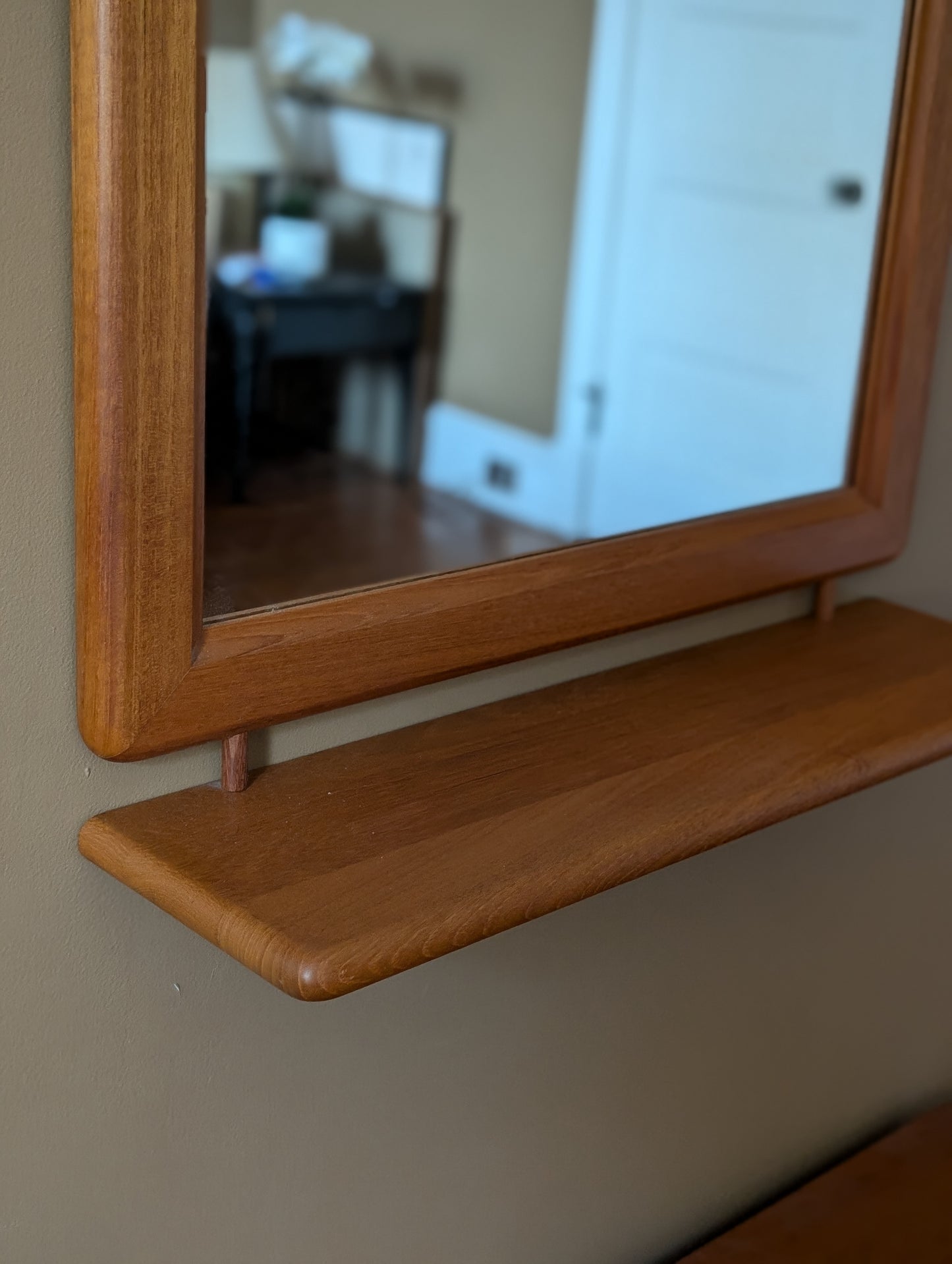 Danish Modern Teak Wall Mirror with Built-In Shelf – Fakse Denmark, 23.25" x 37"