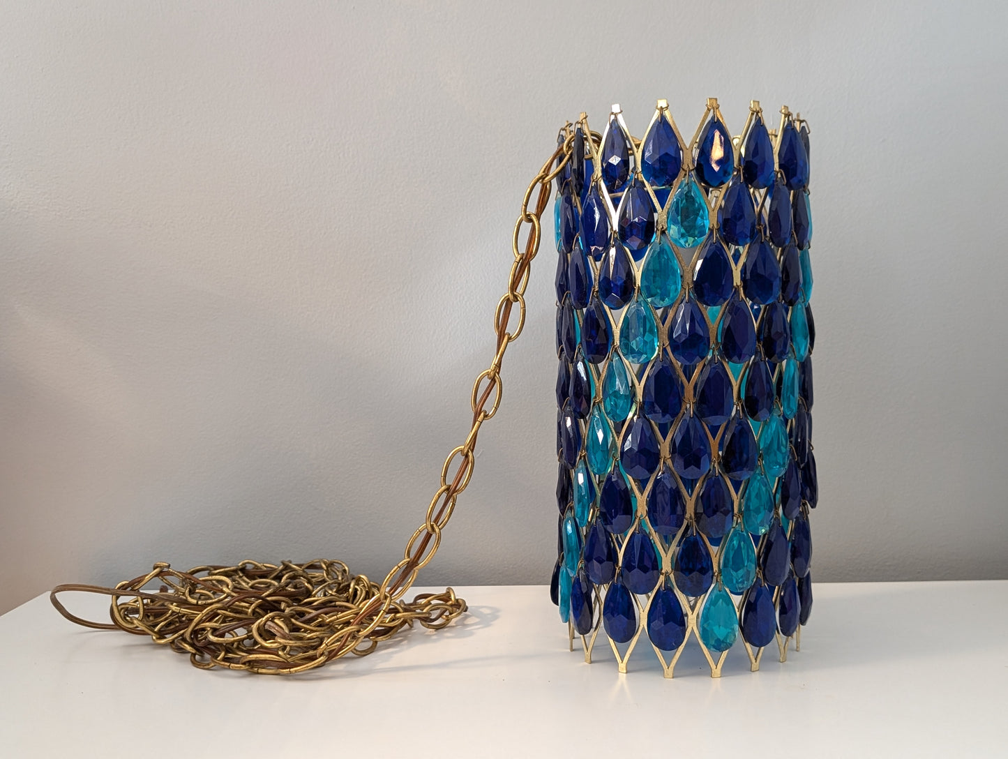 Stunning Mid-Century Modern Cylinder Pendant / Swag Lamp with Brass Frame and Blue Pendants