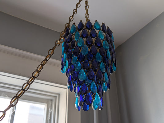 Stunning Mid-Century Modern Tiered Pendant/Swag Lamp with Brass Frame and Blue Lucite Pendants