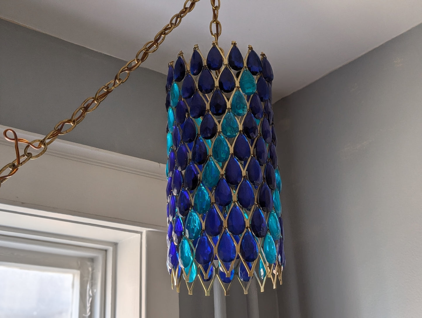 Stunning Mid-Century Modern Cylinder Pendant / Swag Lamp with Brass Frame and Blue Pendants