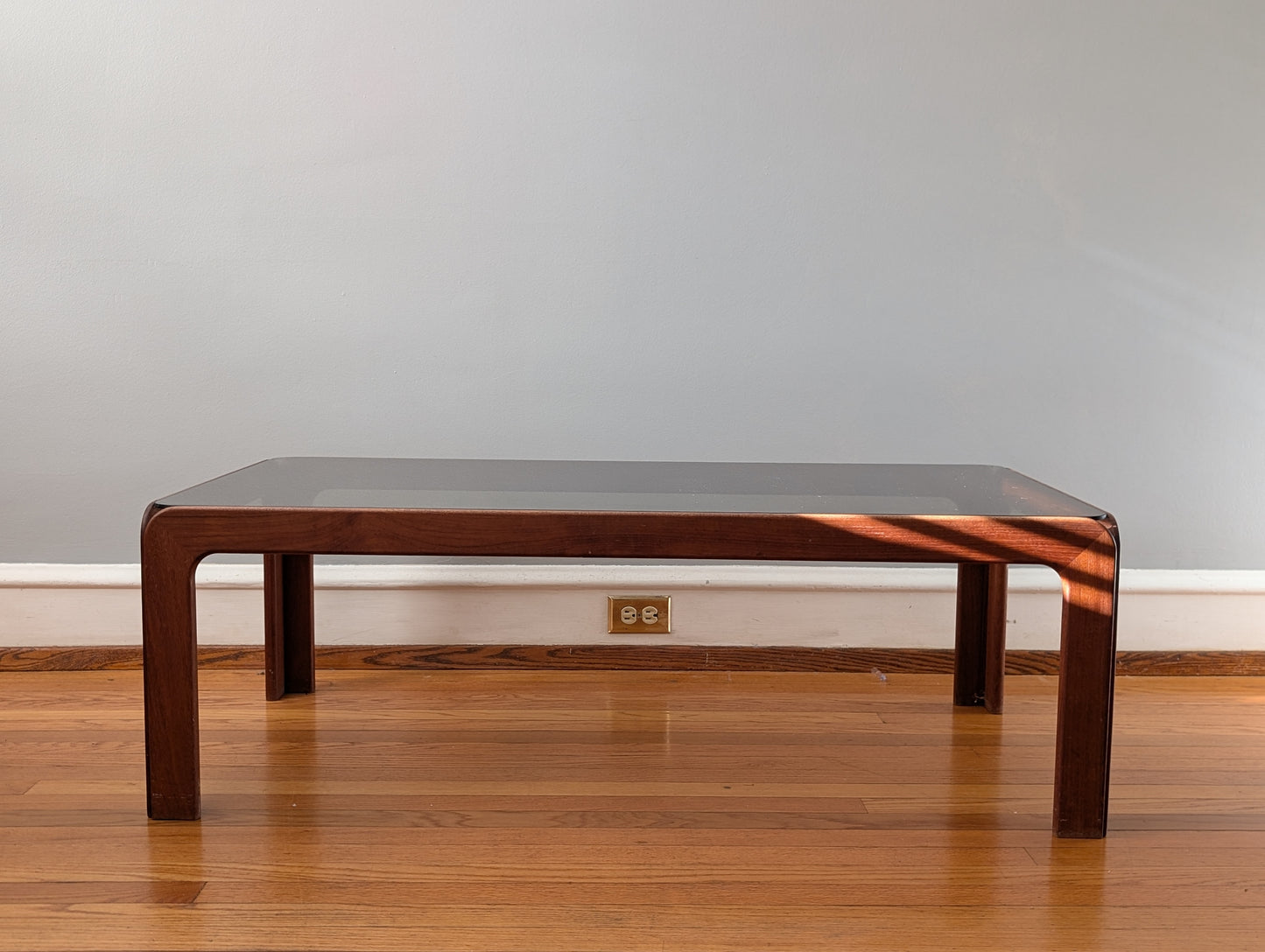 Vintage Scandinavian Teak Coffee Table with Smoked Glass Top – Mid-Century Modern Elegance