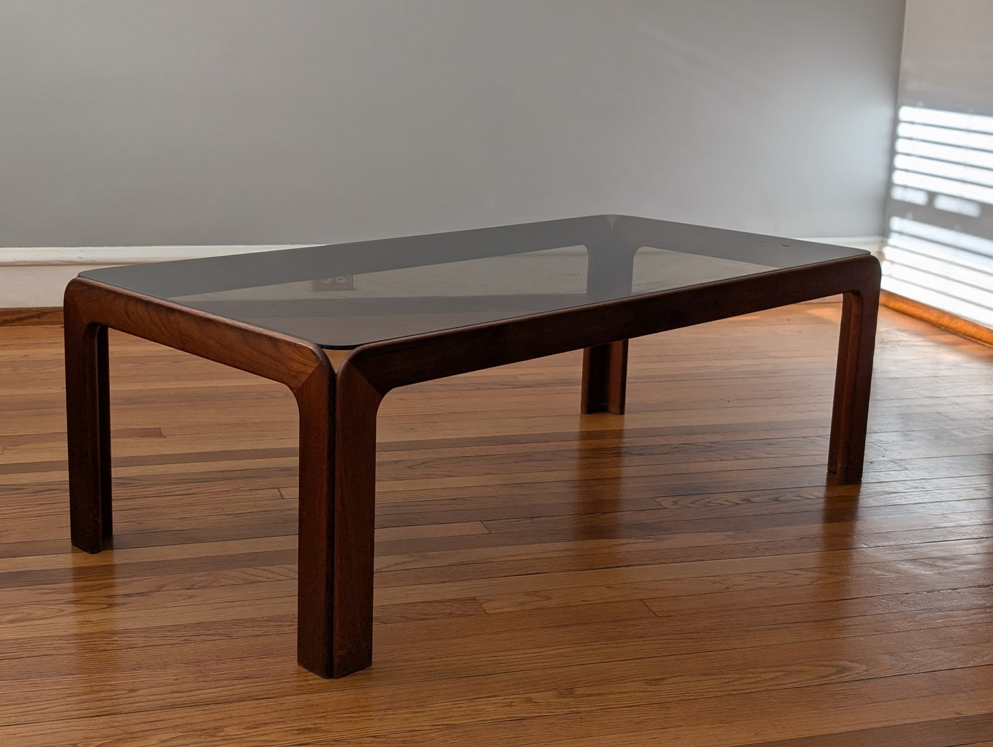 Vintage Scandinavian Teak Coffee Table with Smoked Glass Top – Mid-Century Modern Elegance