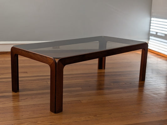 Vintage Scandinavian Teak Coffee Table with Smoked Glass Top – Mid-Century Modern Elegance