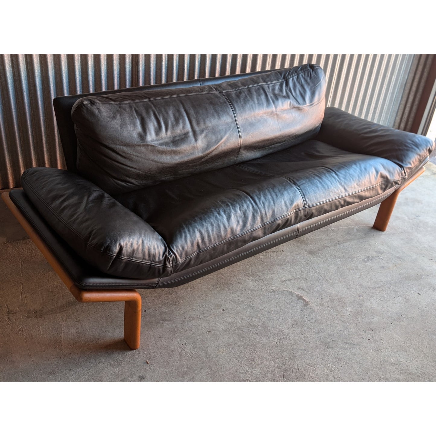 Mid-Century Modern Sofa by Komfort Denmark, Black Leather & Teak, Danish Modern