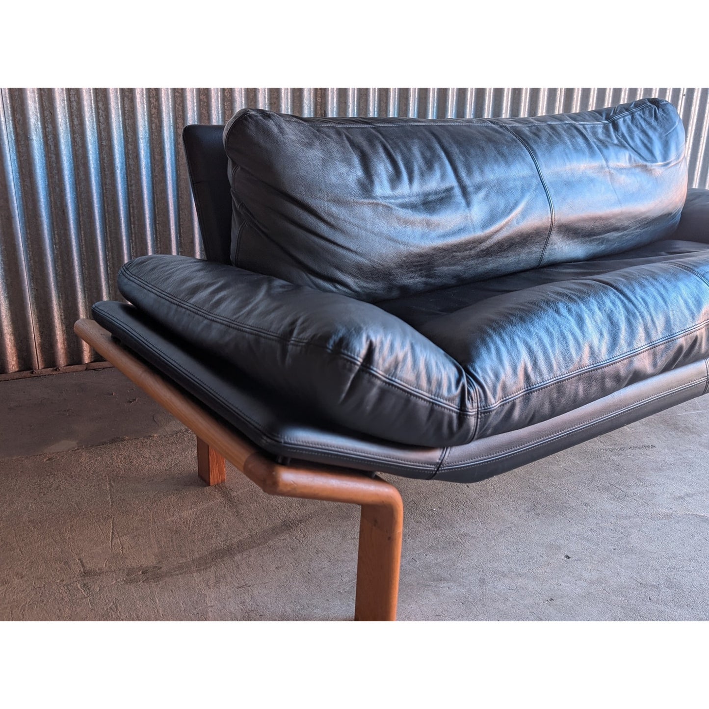 Mid-Century Modern Sofa by Komfort Denmark, Black Leather & Teak, Danish Modern