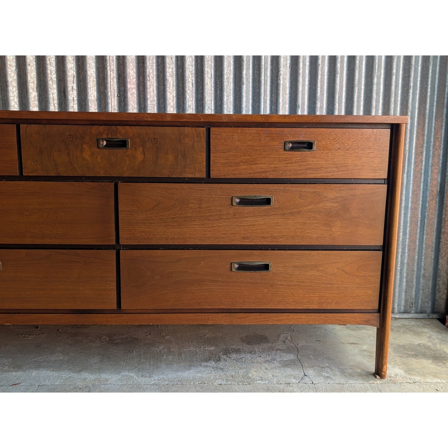 Vintage Lane Mid-Century Modern Long Dresser with Burlwood Drawers, Restored Top