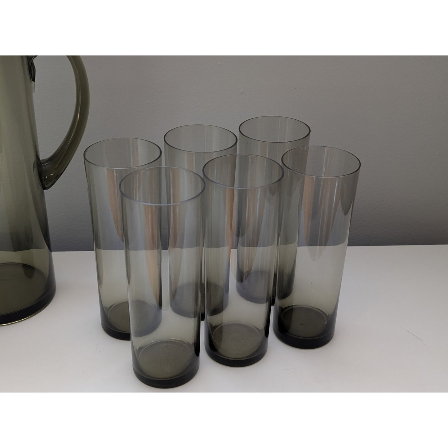 Vintage Mid-Century Modern Smoked Glass Lemonade Set with Pitcher & 6 Highball Glasses
