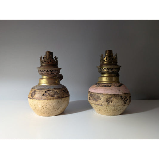 Pair of Vintage Studio Pottery Oil Lamps - Boho Seashell Motif