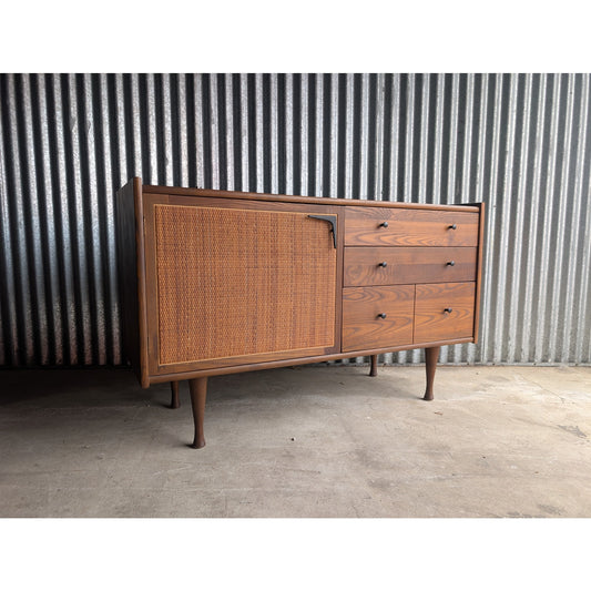 Heywood Wakefield Mid Century Modern Solid Oak Credenza with Cane Door