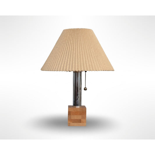 Vintage Mid Century Modern Chrome Wood Table Lamp Pleated Woven Shade