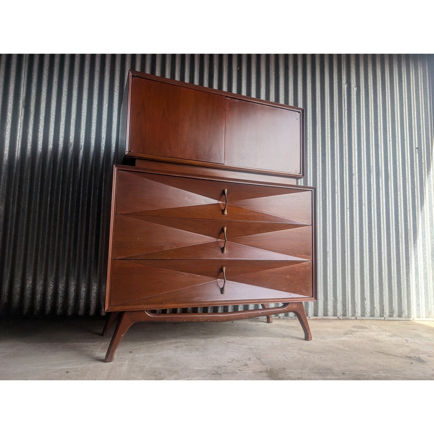Vintage Mid-Century Modern Diamond Front Highboy Dresser