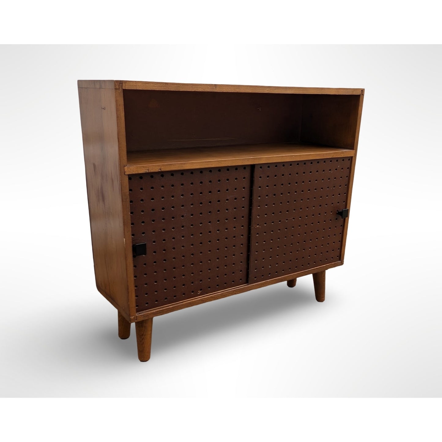 Vintage Mid Century Modern Maple Sliding Door Cabinet Pegboard Bookcase