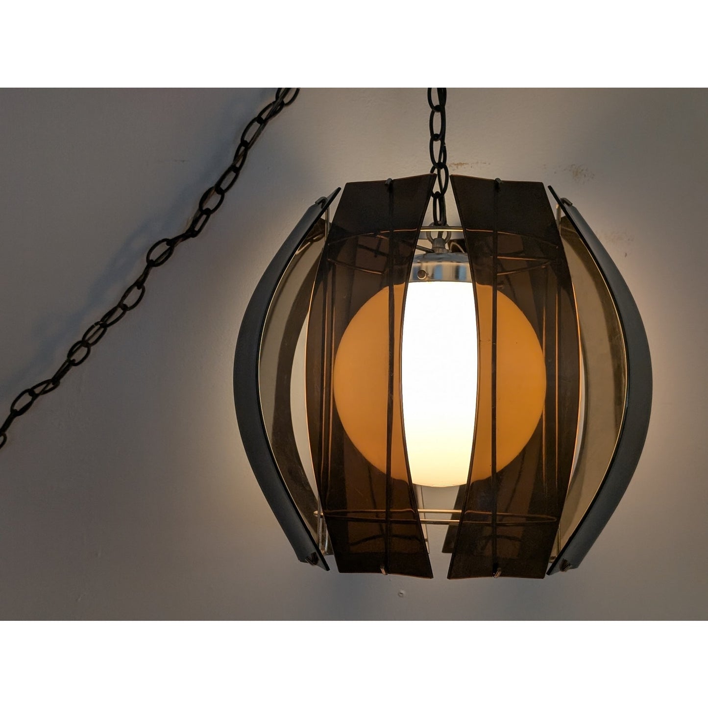 Vintage Smoked Lucite Swag Globe Pendant Light Mid Century Modern