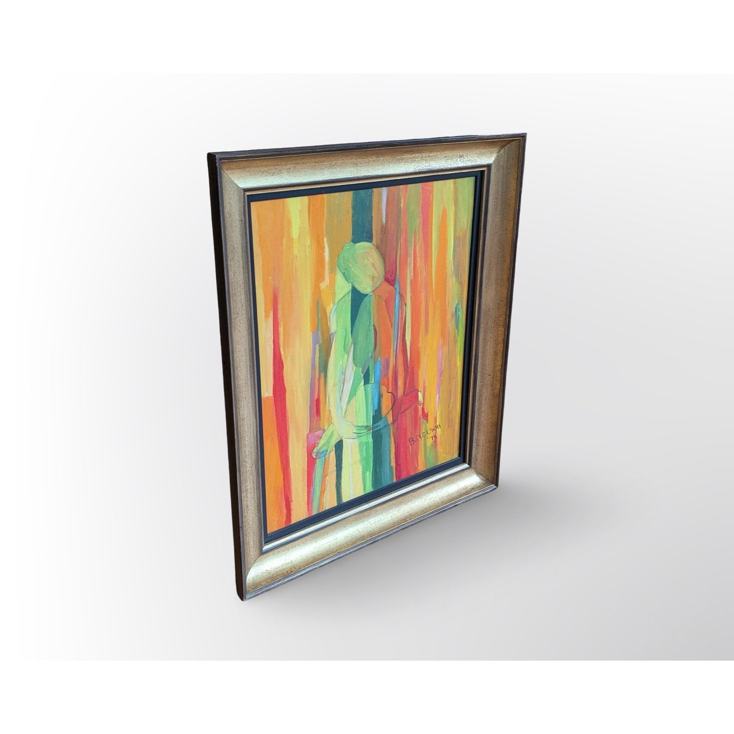 Vintage Mid Century Modern Abstract Painting Signed B. Nelson Gold Frame