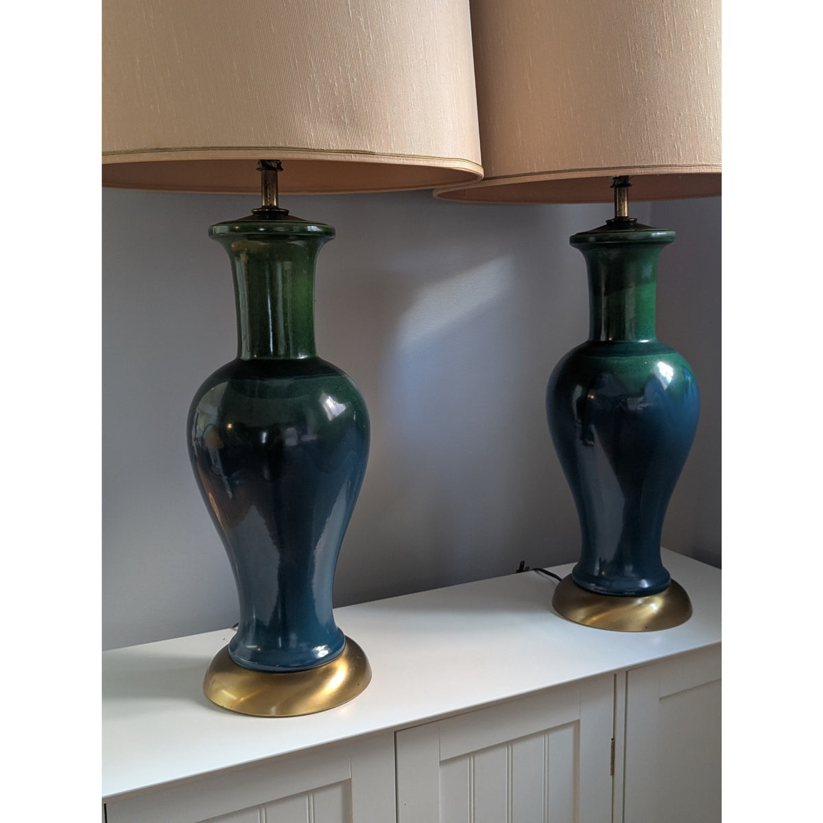 Pair of MCM Blue & Green Drip Glaze Ceramic Lamps 38" Mid Century Modern — additional view 2
