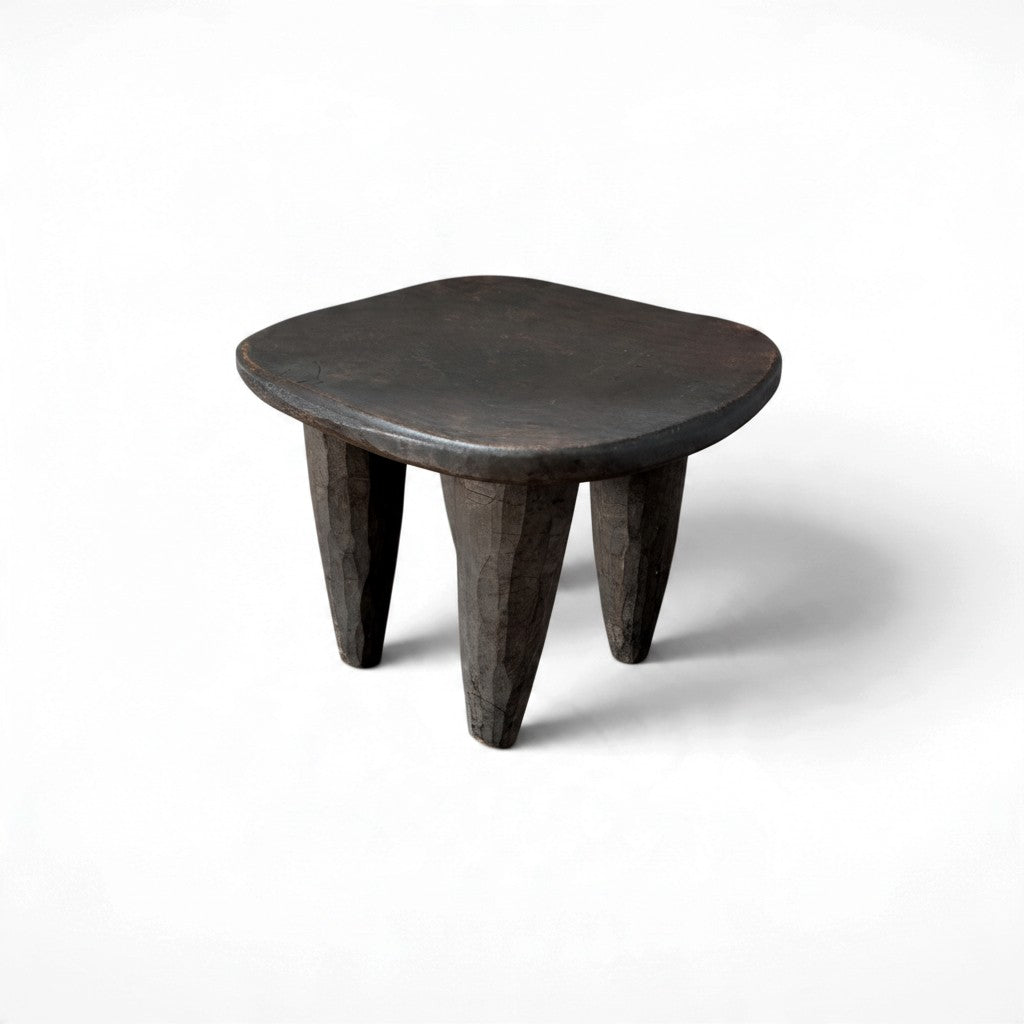 Vintage rustic hand-carved African Senufo stool, solid wood, four tapered legs, 11.75x10x9.5 inches tall