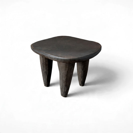 Vintage rustic hand-carved African Senufo stool, solid wood, four tapered legs, 11.75x10x9.5 inches tall